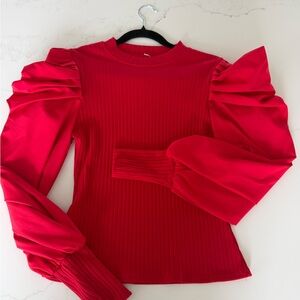 Red Puff Sleeve Ribbed Women's Top